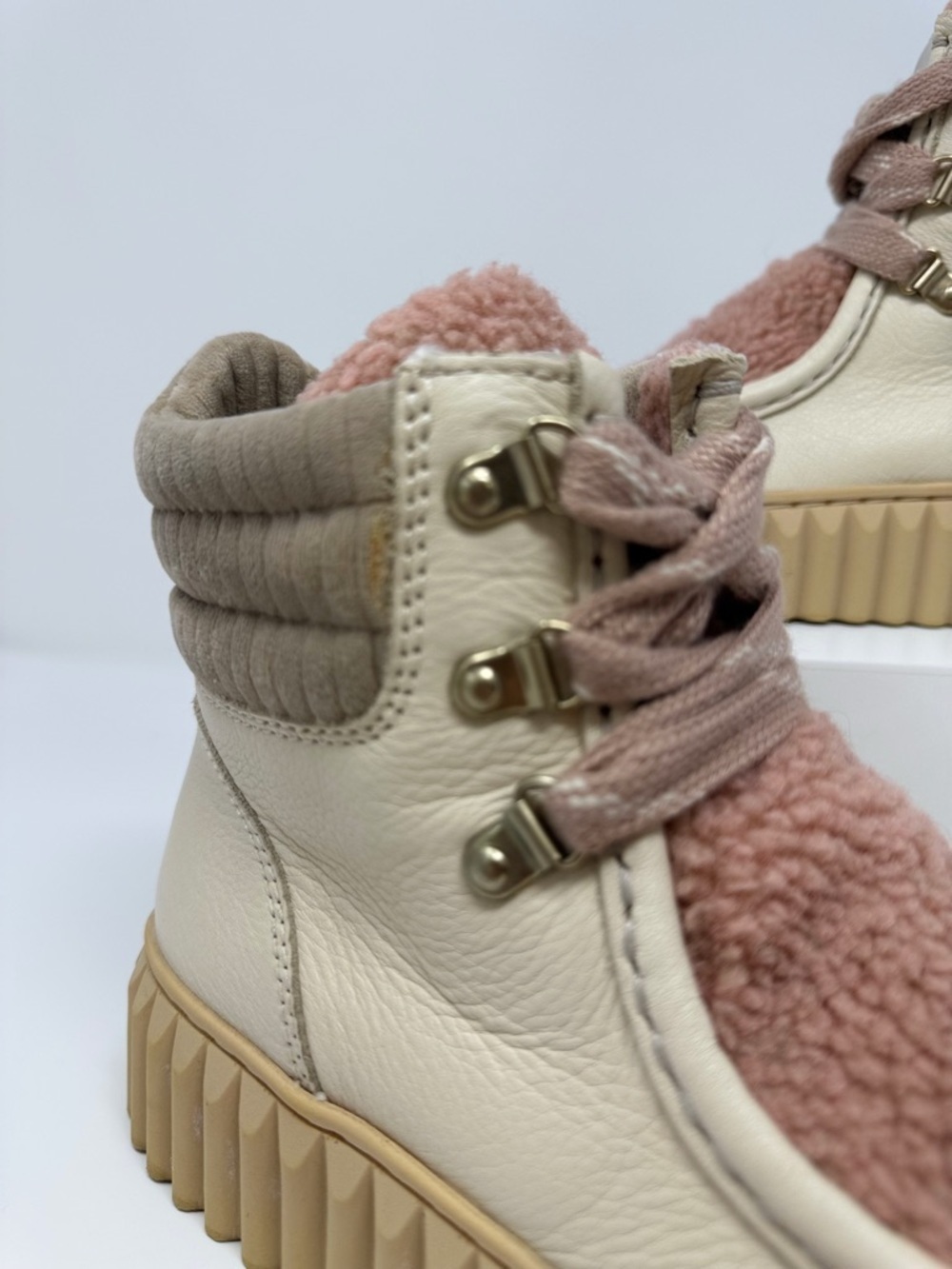 Sam Edelman Fay Platform Boots Ivory Beige Leather Faux Shearling Lace Up Size 8 - Picture 6 of 12